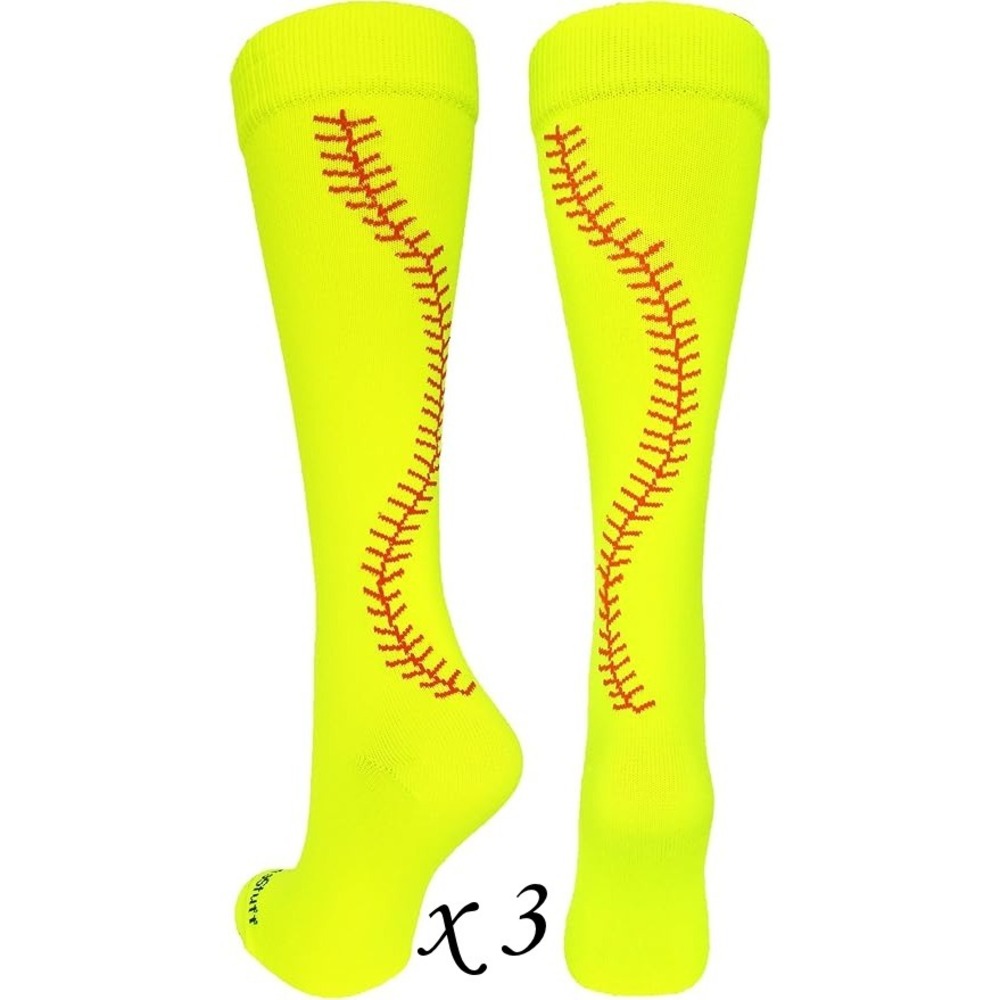 3 Pairs MadSportsStuff Over the Calf Softball Socks - Neon Yellow Stiches - M